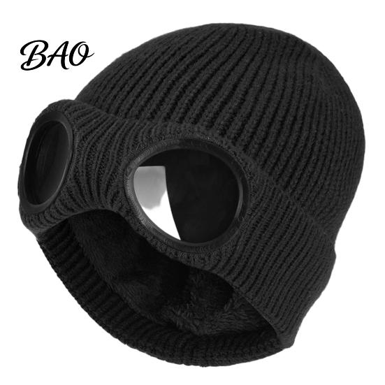 Stylish Streetwear Hat Knitted with Goggles, Unisex Winter Hat, Fleece Lined, Windproof Fashionable Retro Goggles Warm Skull Cap for Outdoor