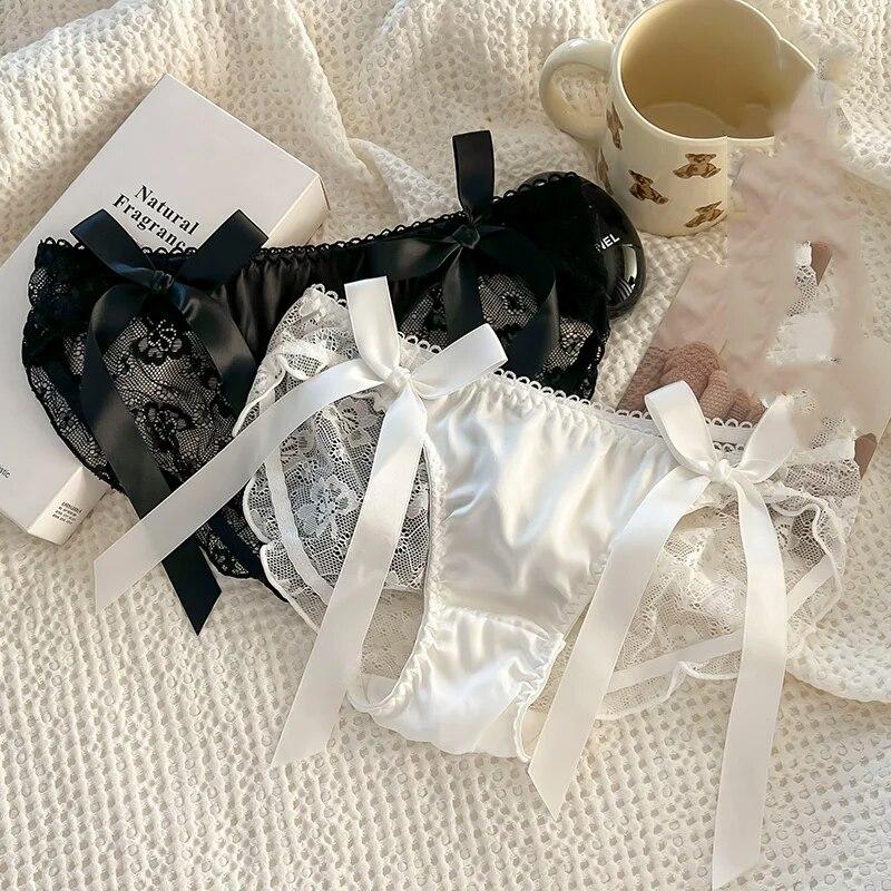 Ladies Sexy Mesh Panties Mid-waist Seamless Lace Underwear Briefs Japanese Style Young Girl Underwear Pink Bow Lingerie