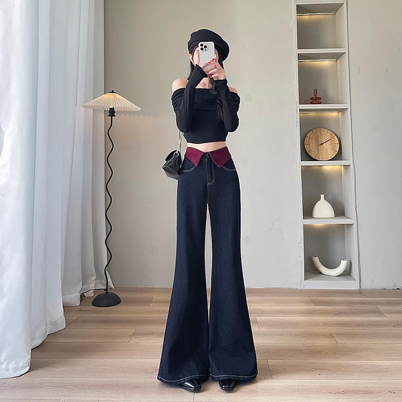 Женские джинсы микроклеш с цветными блоками, высокая посадка, утягивающий дизайн с вставками, свободные, длиной в пол, осень/зима 2024