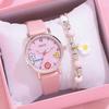 Kids Watches Pink Cute Children's Wristwatch Cartoon Pattern Quartz Watch Set for Girls Fashion Students' Clock