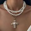 Vintage Multilayer Imitation Pearl Cross Pendant Choker Necklaces for Women  New Fashion Neck Jewelry Party Wedding
