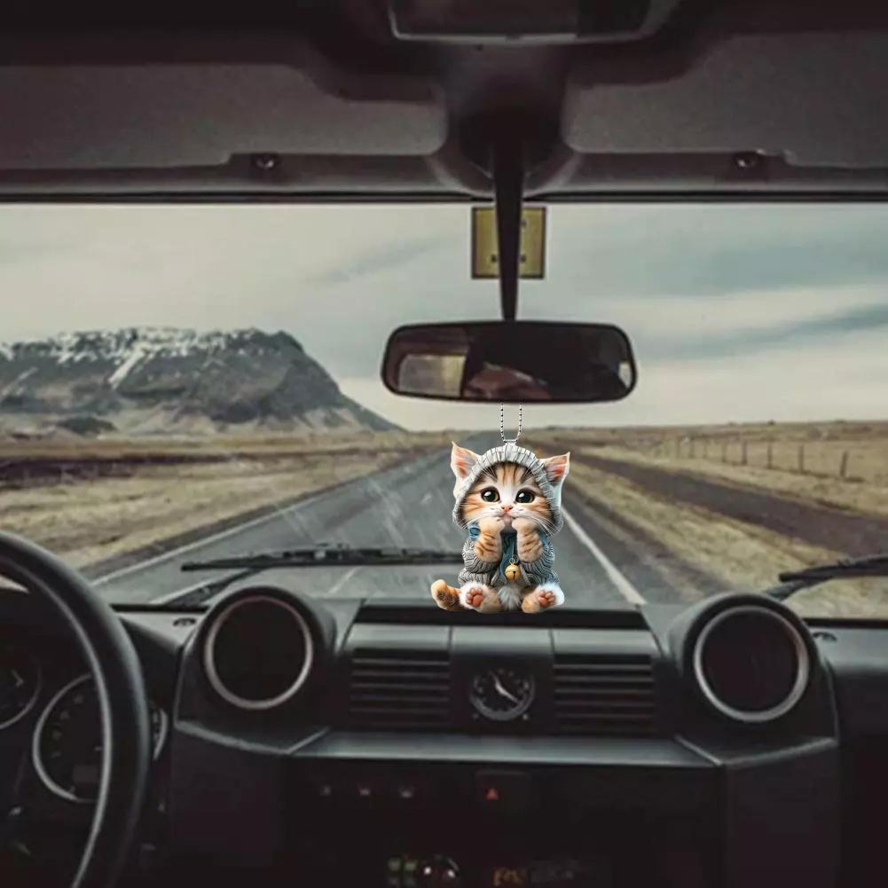 2D Car Pendant Hanging Ornament With Chain Realistic Hanging Interior Car Cat-Shaped Decor Mirr W3P9