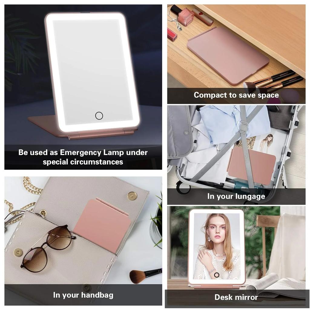Светодиодное складное дорожное зеркало для макияжа, 3 режима освещения, USB-зарядка, сенсорный экран, портативное настольное косметическое зеркало РОЗОВОГО ЦВЕТА