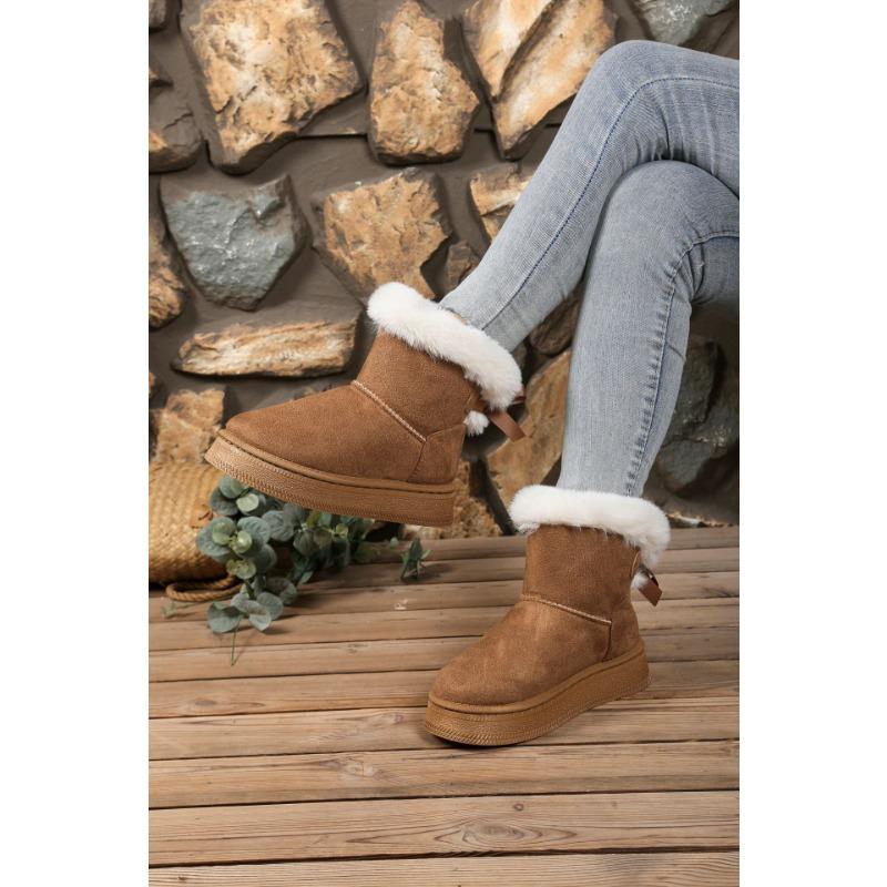 Зимние новые бархатные утолщенные большого размера сноубутсы толстая подошва пушистый верх бант теплые короткие ботинки женские