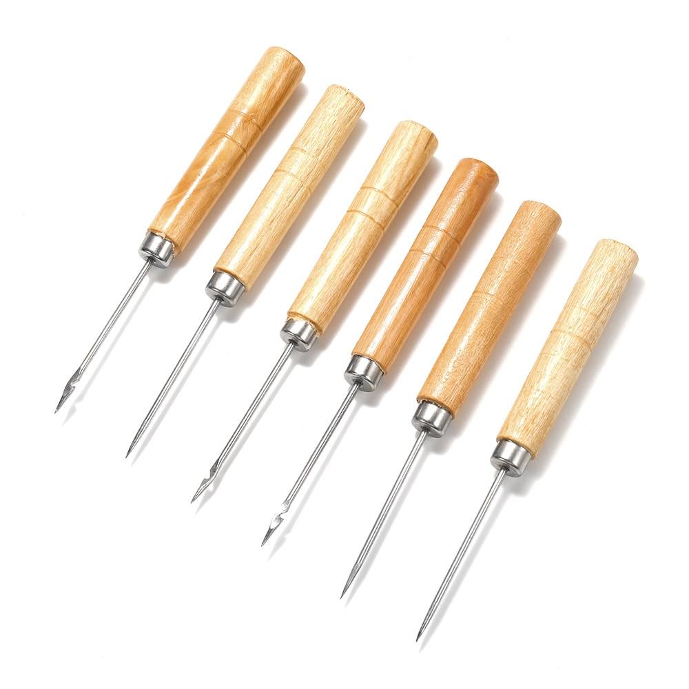2pcs/lot Wooden Handle Sewing Awl Hand Stitching Leather Bracelet  Taper Craft Needle With/No Hooks For DIY Jewelry Making