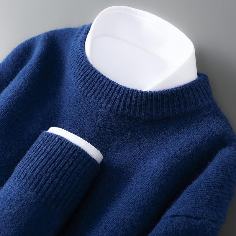 Men's Pure Wool Heavyweight Sweater, Round Neck, Loose Fit, Warm, Solid Color, Ideal Base Layer for Autumn/Winter.