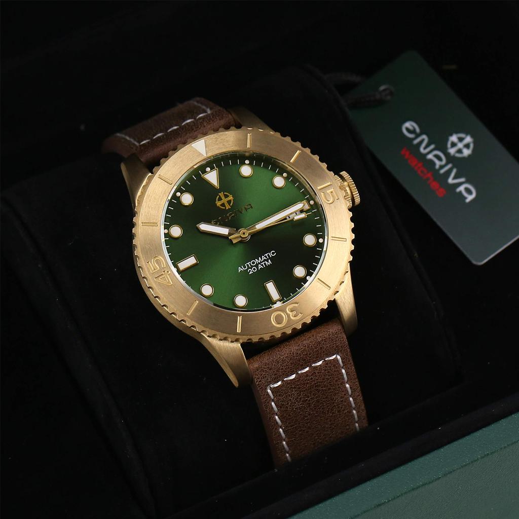 ENRIVA Часы Индикация даты 20 АТМ Механические Настольные Автоматические Цепь Автоматический Поворотный Бронзовый Сапфировое Автоматические часы Дайверские Мужские