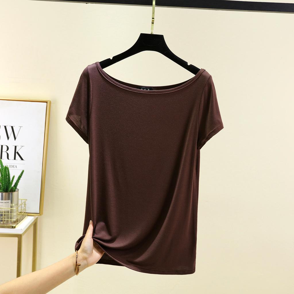 Модал с короткими рукавами и открытой спиной Футболки женские лодочки с открытыми плечами Футболка Однотонный цвет Свободный базовый слой Топ Большие размеры простые Майки