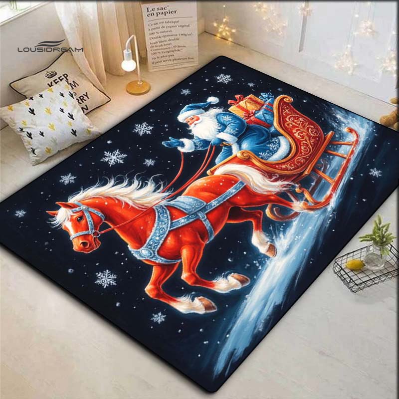Christmas Santa Sleigh With Horse Print Area Rug Non‑Slip Floor Mat Holiday Home Decor