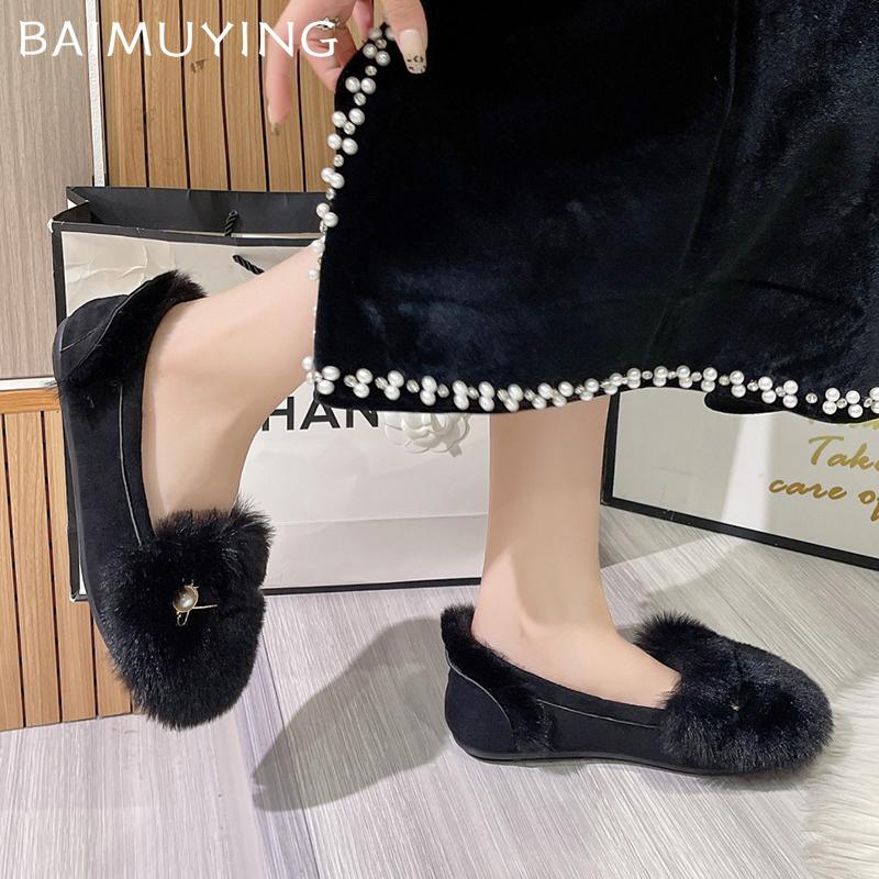 Мех Женские Хлопковые Лоферы Обувь Бисер Замша Короткий Плюш Балетки Повседневная Обувь 2025 Тренд Дизайнерская Для Ходьбы Теплые Зимние Ботильоны Женские
