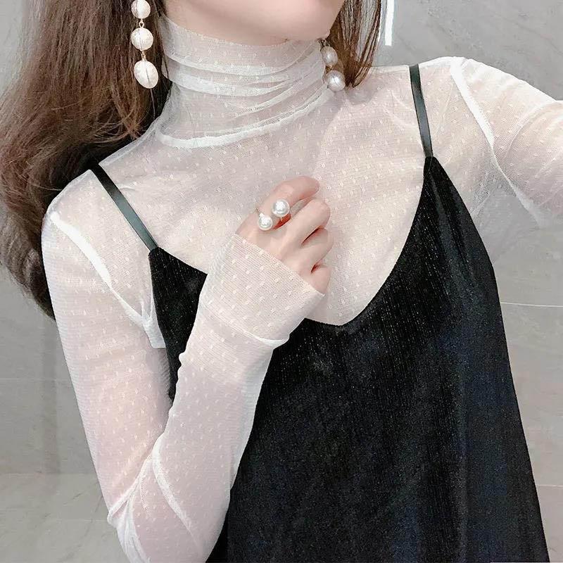 Sexy Inner Mesh Bottoming Shirt Women's Autumn and Winter Thin Tight-fitting Transparent Gauze High-neck Gauze Lace Top