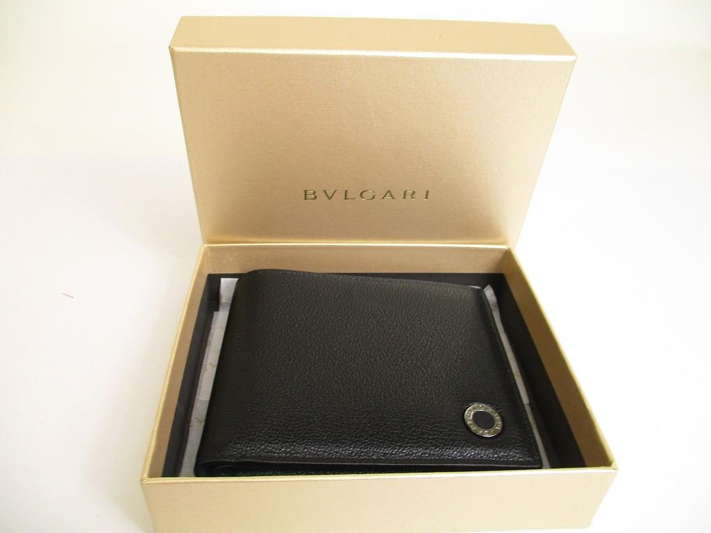 Оригинальный черный кожаный складной кошелек BVLGARI Изумрудно-зеленый Компактный кошелек #a896 Восстановленный