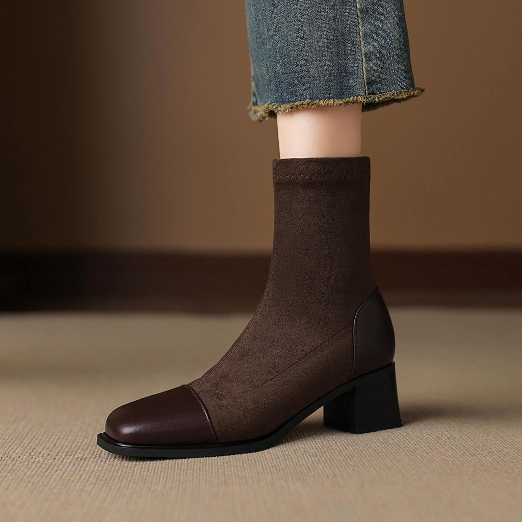 Krazing Pot Микрофибра Флок Квадратный Носок Средний Каблук Эластичные Сапоги Размер 43 Молния Женские Базовый Дизайн Ботильоны