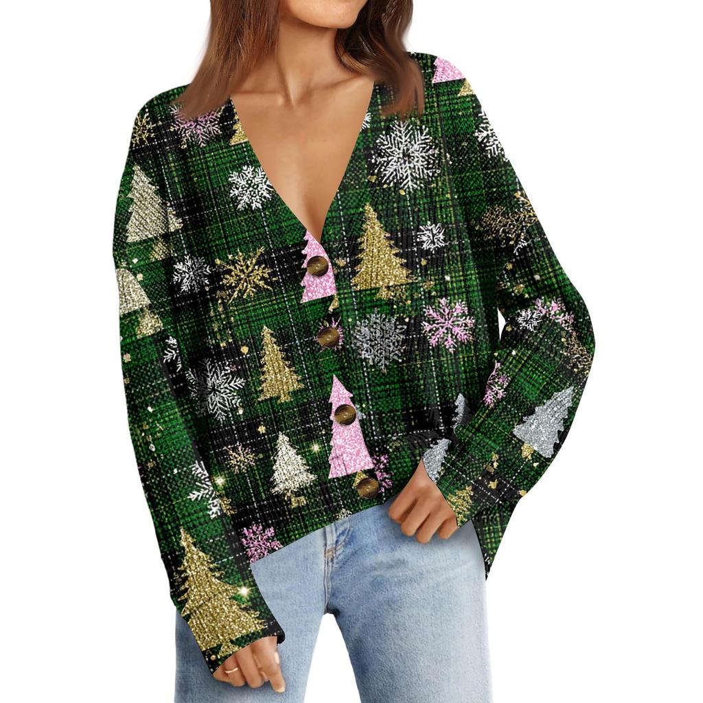 Женский модный кардиган с длинным рукавом, V-образным вырезом, на пуговицах, свободного кроя, с рождественским принтом