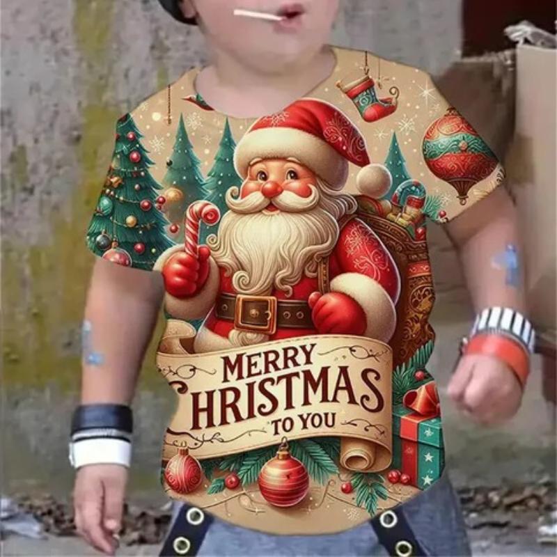 Детские новогодние футболки с принтом Санта-Клауса, удобный модный топ с коротким рукавом для мальчиков