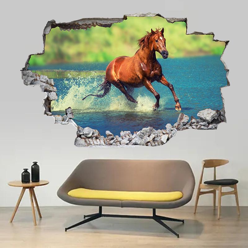 Плакат с животным Искусство дыры в сломанной стене Бегущая прекрасная лошадь Виниловые наклейки-муралы Для гостиной