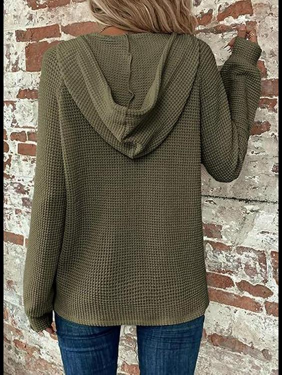 Женская толстовка с капюшоном из вафельной ткани с V-образным вырезом и пуговицами на завязках, с длинным рукавом