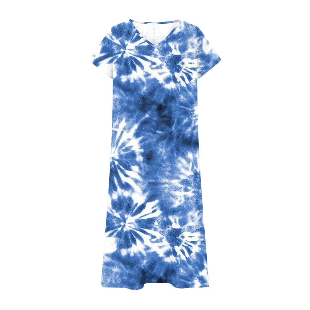 Fashion Women's Summer V-neck Short Sleeve Tie- Retro Print Beach Dress