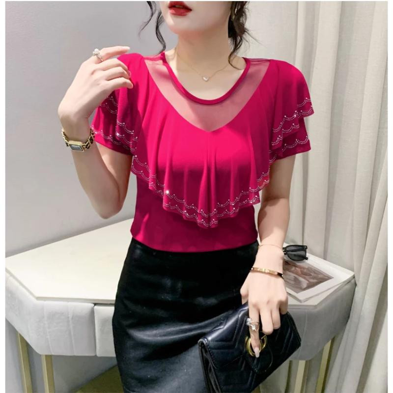 Новая Шикарная Летняя Элегантная Женская Футболка Одежда Сексуальная Роскошная Блестящая с Бриллиантами Топы с Короткими Рукавами Рюши Сетка Футболки Блузки