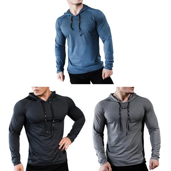 Men Sport Top Drawstring Hooded Long Sleeve Slim Fit Soft Breathable High Elasticity Quick Dry Hollow Mesh Jogging Training Summer Spring Sweatshirt