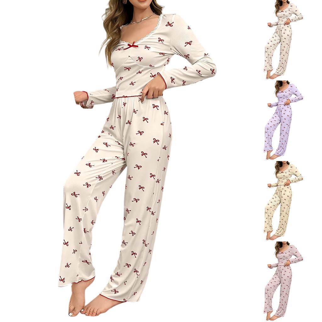 Women's Pajamas Bowknot Long Sleeve Pants Set Printed Set
