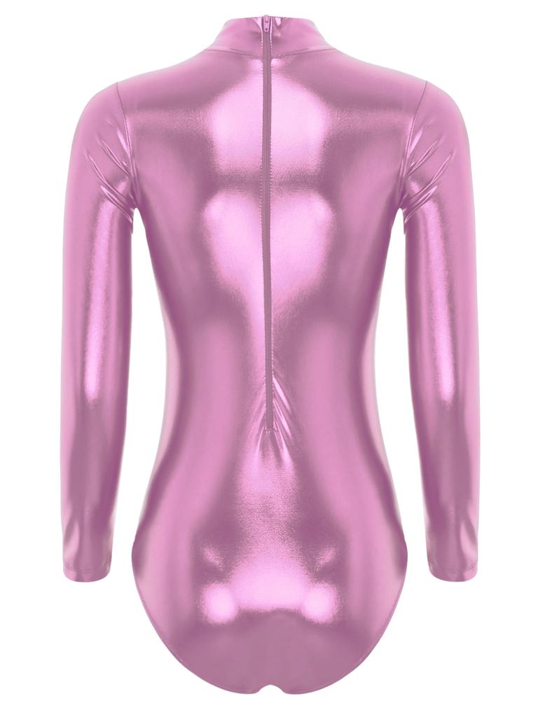 Женский блестящий спортивный купальник металлик, боди с длинным рукавом, облегающие узкие колготки, цельный комбинезон Rave Disco Party Performance