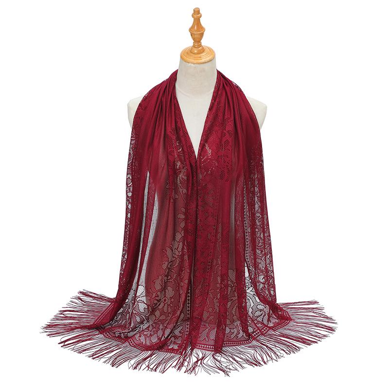 Кружева ажурный шелковый хиджаб шарф с кисточками - однотонная шаль для женщин