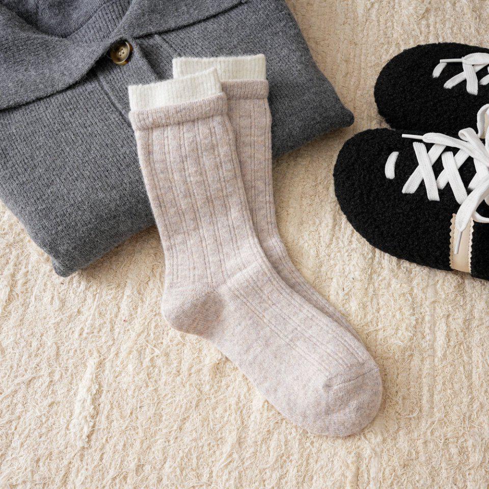 Женские серые носки до середины икры из шерстяной смеси: Плотный, Теплый, Плюс Вельвет, Цветной блок, Двухслойный для Осени/Зимы.
