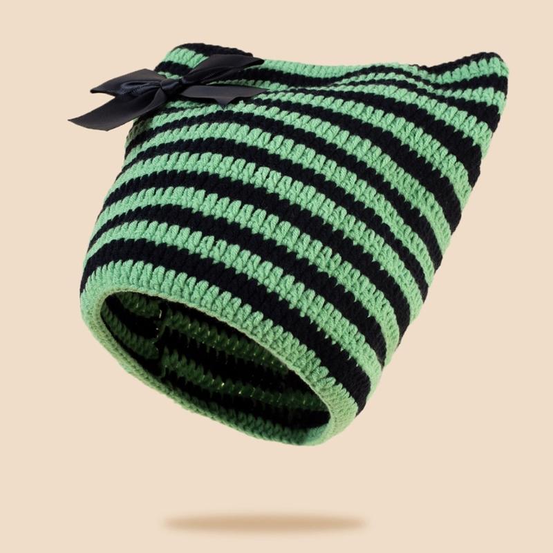 Crochet Stripe Pattern Hat Handmade Cat Ear Hat Winter Warmer Knitted Hat Cold Winter Presents for Students Teenagers