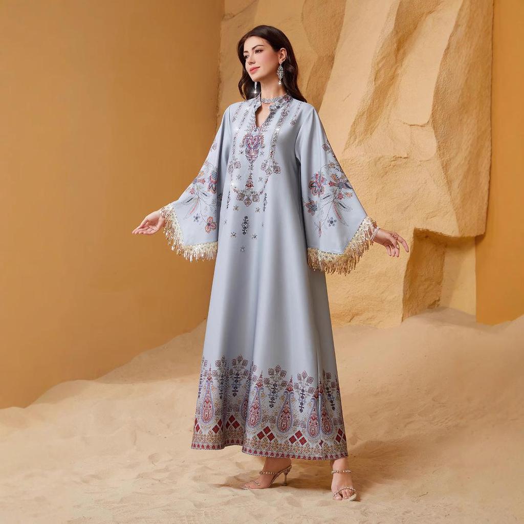 Middle East Cross-border Muslim Women's V-neck Print Tassel Arabic Abaya Dress