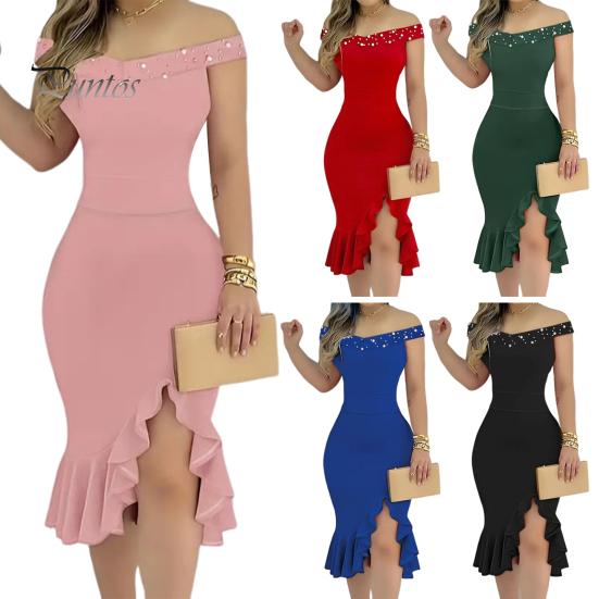 Evening Dress Off Shoulder Sheath Sleeveless Irregular Ruffle Hem Slim Fit Solid Color Faux Pearl Decor Midi Dress for Party Prom Wedding