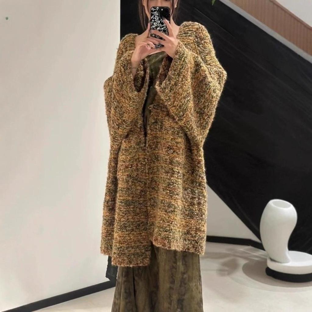 European & American Color-Block Mid-Length Knitted Cardigan: Casual Loose Fashion Sweater Coat for Women