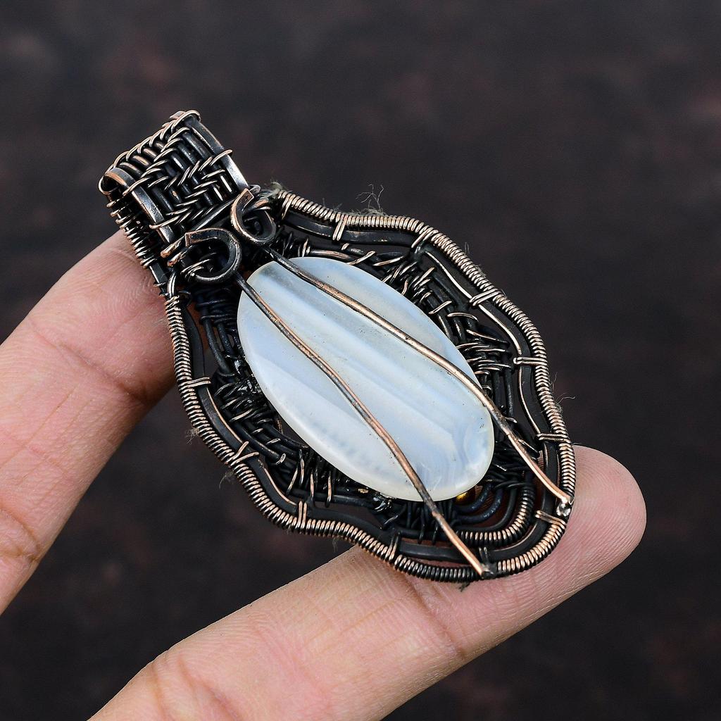 Кулон с агатом Ботсваны, медная проволока, кулон, драгоценный камень, медные украшения, изысканный кулон ручной работы, ювелирное изделие, завернутое в проволоку, подарок на юбилей