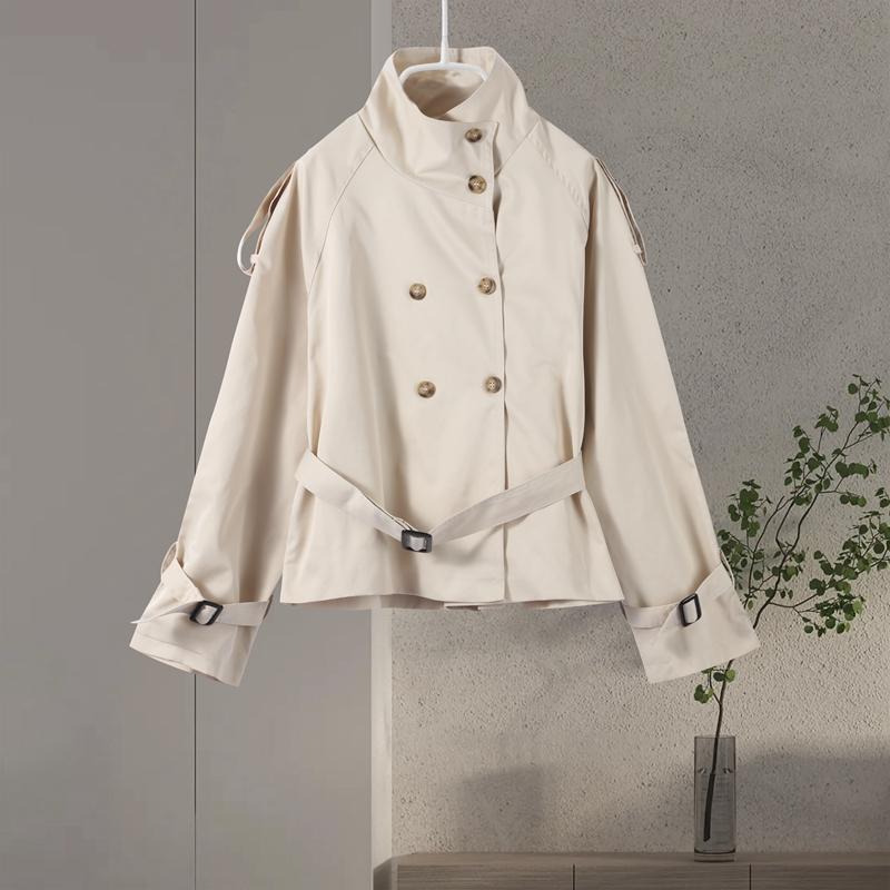 Короткий тренч на шнуровке со стойкой воротником, женский, с длинным рукавом, двубортный, тонкий приталенный жакет, ветровка для通勤, осенняя верхняя одежда 2025