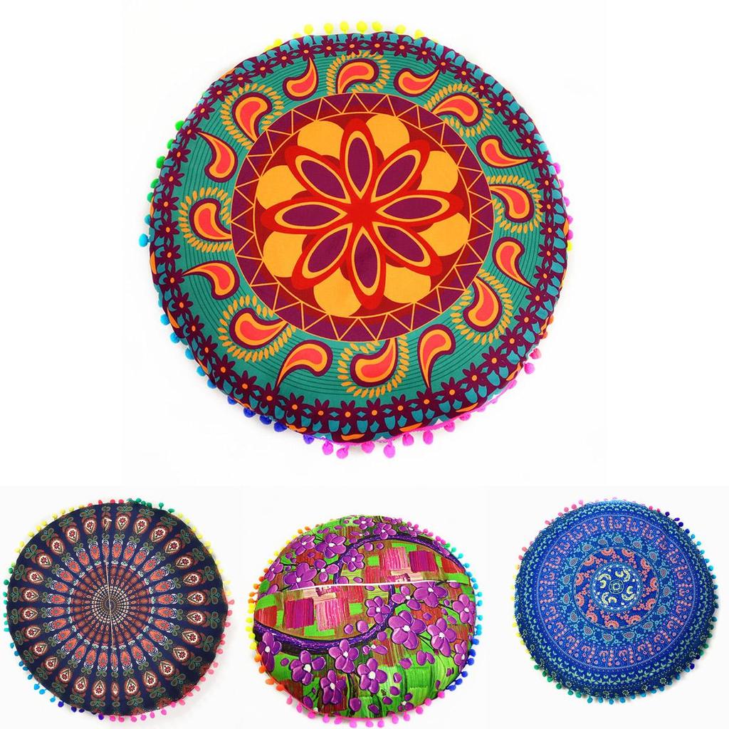 Элегантный индийский богемный чехол для напольной подушки с яркими помпонами по краям