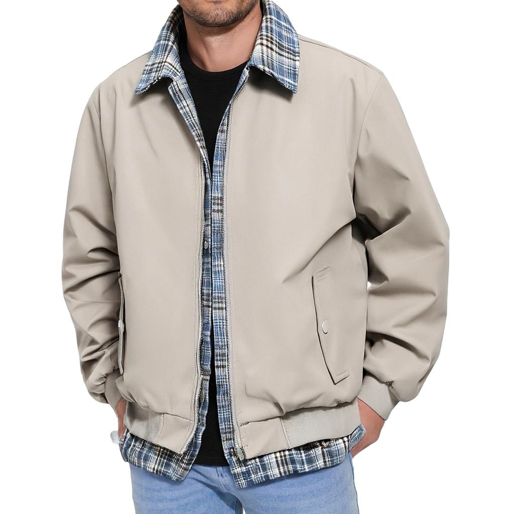 Мужская повседневная клетчатая куртка с лацканами, имитация двух частей, мужская свободная повседневная куртка на молнии