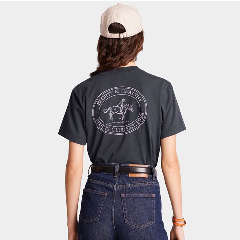 North America Niche Style Retro Sports Style Riding Club Letter Print Charcoal Gray Pure Cotton Short Sleeve T-shirt for Women