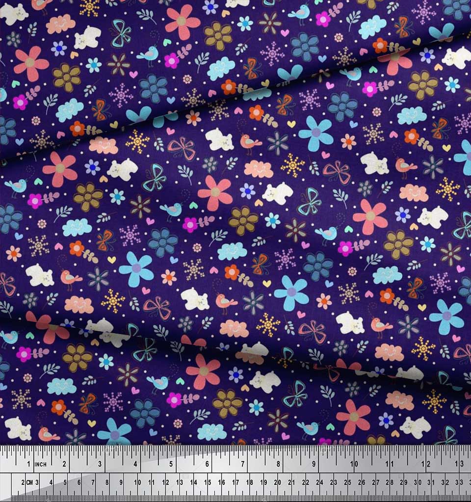 Soimoi Ткань из вискозы синего цвета с принтом «Медведь|Птица и цветы» в ярдах, 42 дюйма