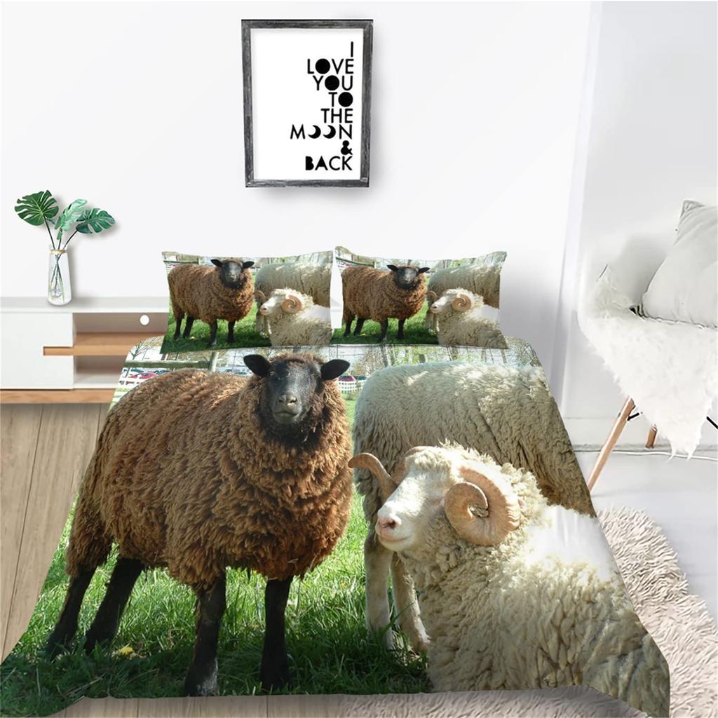 Комплект постельного белья Funny Sheep King Queen с изображением животных из фермы, пододеяльник с белыми маленькими овечками, 2/3 предмета из полиэстера, пододеяльник