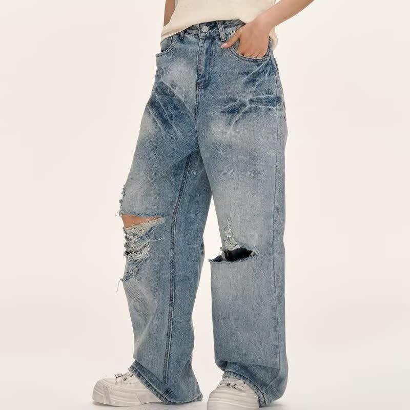 Mens Distressed Wide Leg Denim Pants Vintage Washed Loose Fit Straight Cut Casual Jeans