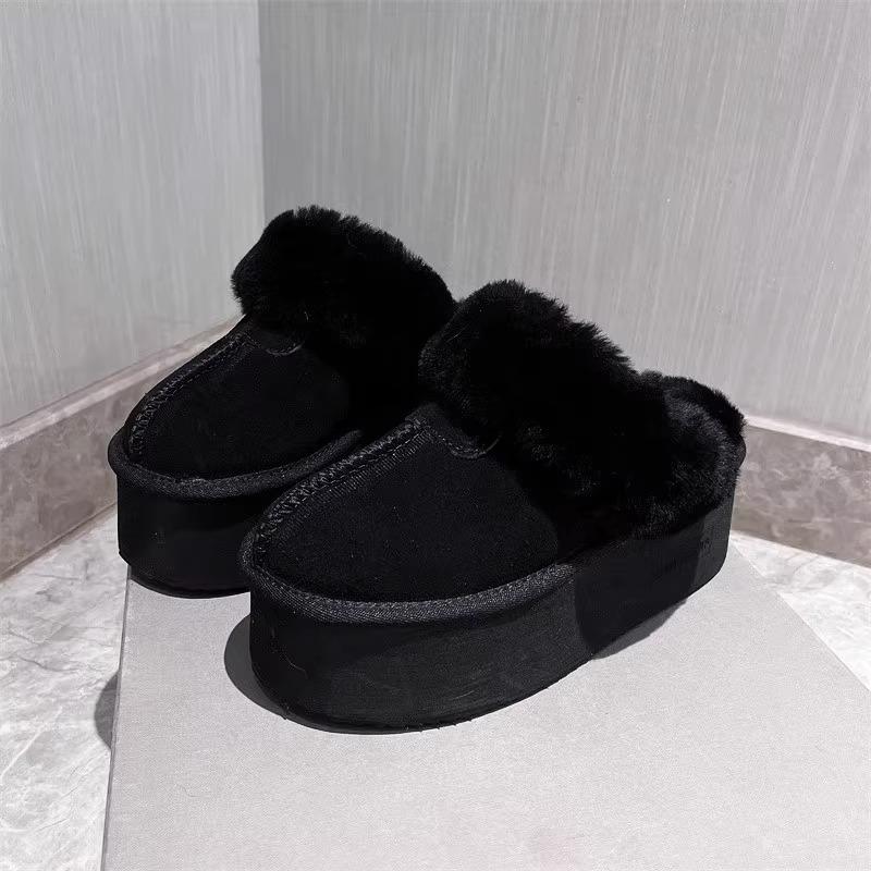 Women Fur Platform Suede Slippers Brand Flats Plush Cotton Shoes Winter Warm High Heels Shoes 2025 Trend Slingback Zapatos Mujer