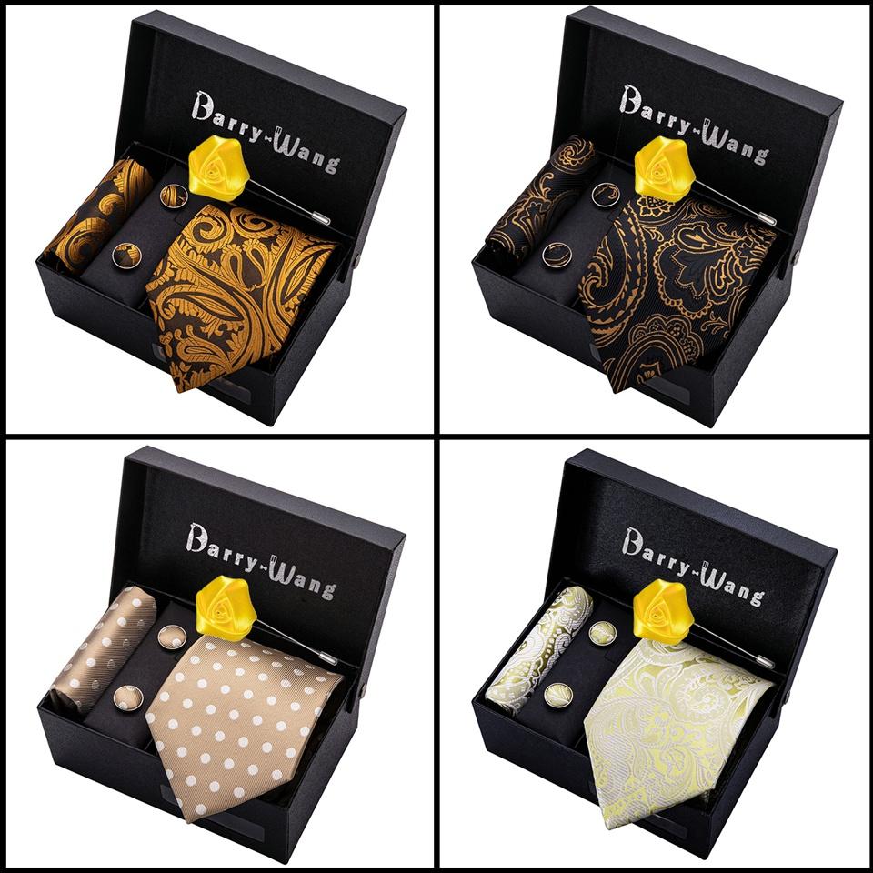 Men's Luxury Jacquard Silk Necktie Handkerchief Cufflinks Boutonniere with Gift Box for Wedding Party Dating