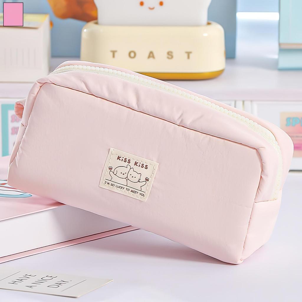 1pcs Kiss Cream Pencil Case Pen Bag Cute Cartoon Dog & Cat Simple Design Large Capacity Japanese Style Storage Pouch
