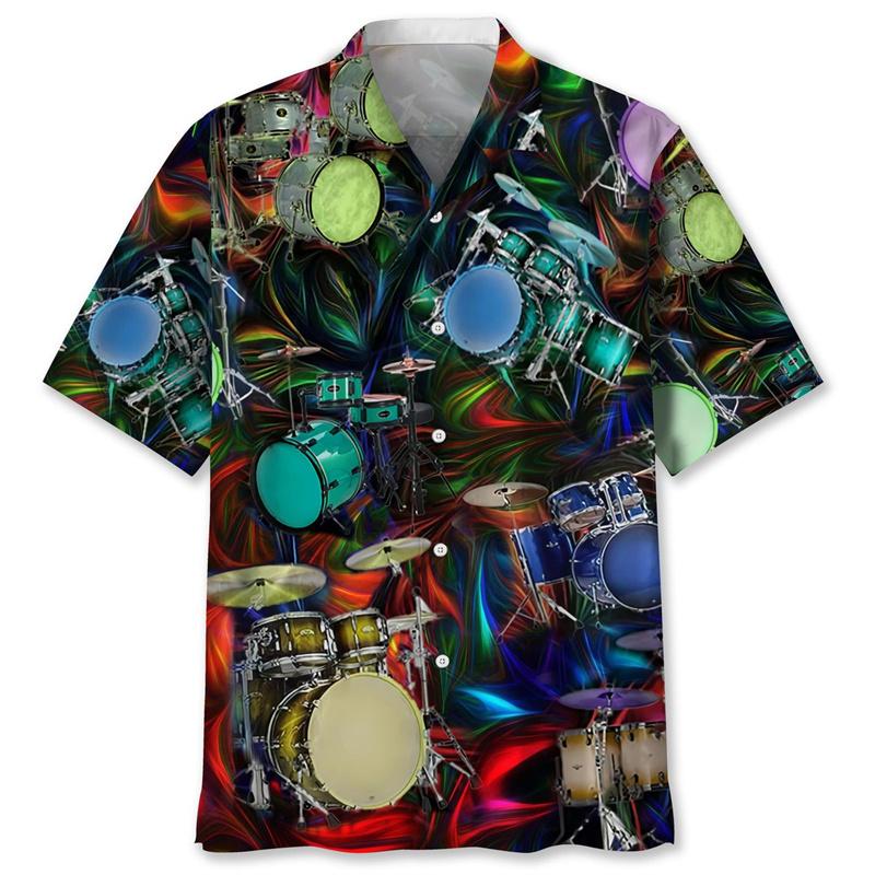 Vintage Drums Hawaiian Shirt For Men Musical Instruments Graphics Short Sleeves Shirts Street Loose