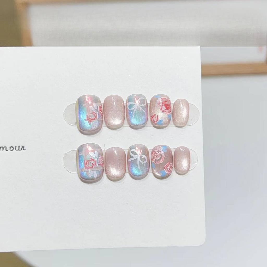 Pure Hand-made Armor Atmosphere Hand-painted Rose Bow Fantasy Color Cat Eye Nail Art Daily Short Style Removable
