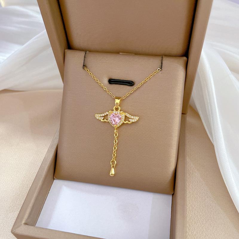 Титановая сталь Легкая роскошь Темперамент Великолепные Полностью бриллиантовые Крылья Бахромчатое ожерелье Женская универсальная Цепочка на ключицу Титановая стальная цепочка