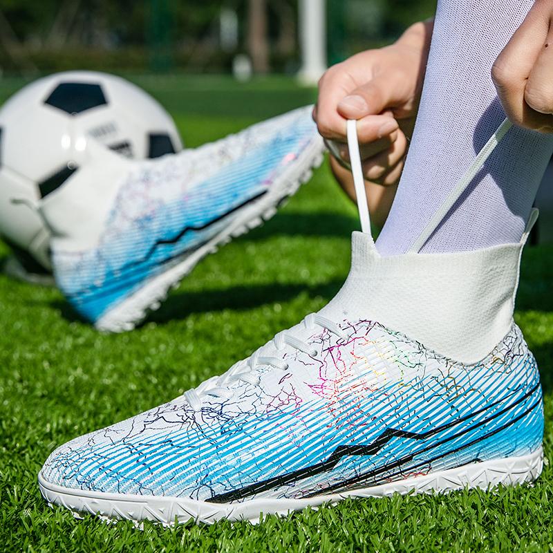Мужские/женские высокие футбольные бутсы, высокие эластичные носки, искусственный газон, короткие гвозди, футбольные тренировочные кроссовки для маленьких детей