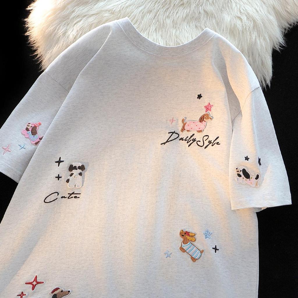 Американский шик Вышитая футболка из хлопка с коротким рукавом и щенком для женщин – Летний свободный крой Милый топ