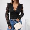 Женская новая весенне-осенняя кружевная блузка с V-образным вырезом черного цвета