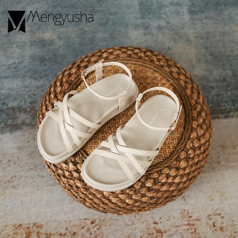 Модные летние сандалии с перекрестными ремешками, женские гладиаторские туфли, студенческие сандалии на платформе-маффине, женские шлепанцы с ремешком на пряжке, кожаные сандалии